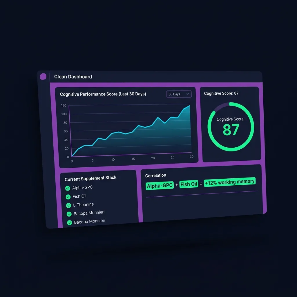 Nootropic.ai cognitive performance dashboard showing supplement correlation data